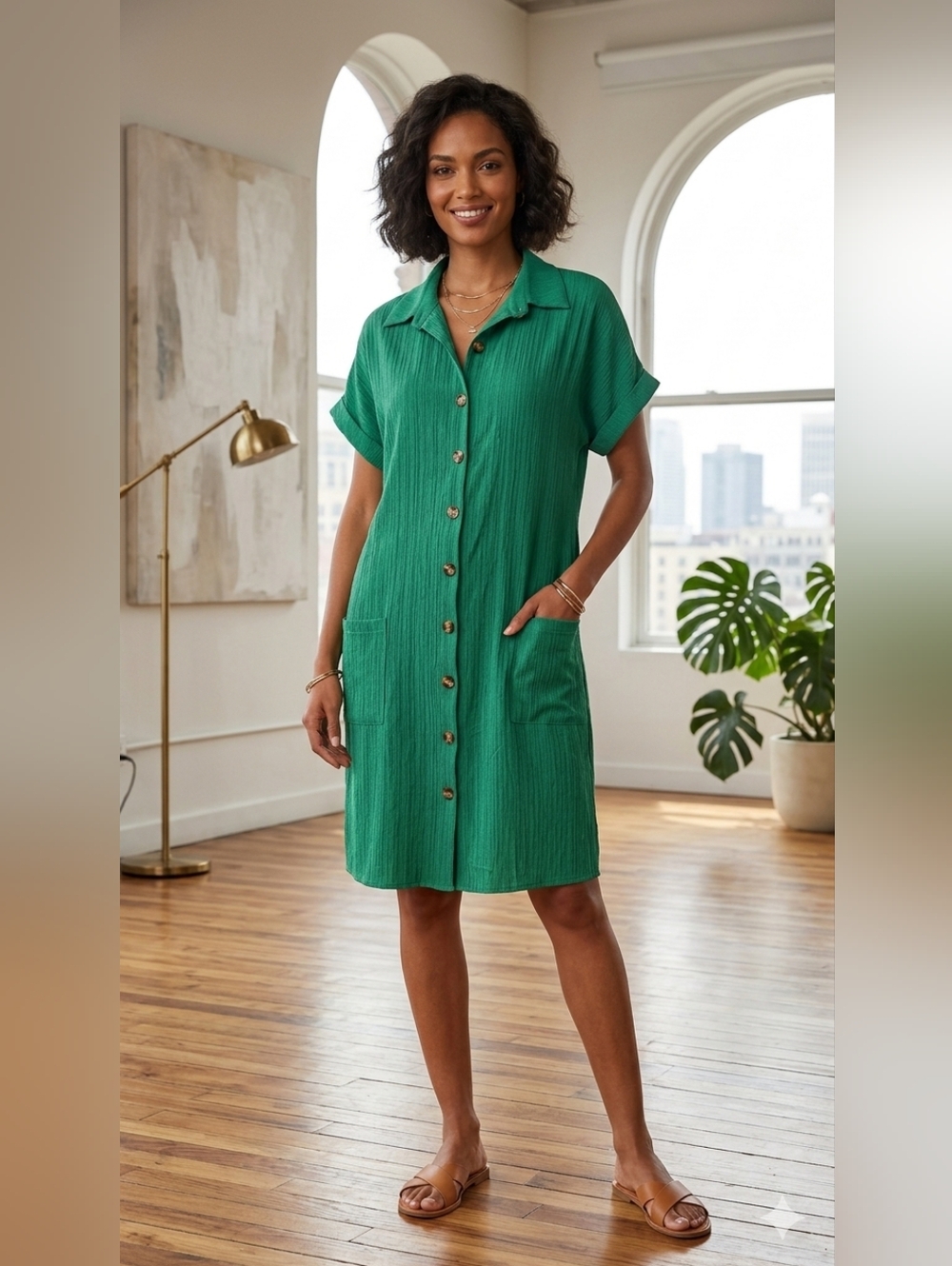 Solid Green Button Front Short Sleeve Shirt Dress Size XXL NWOT